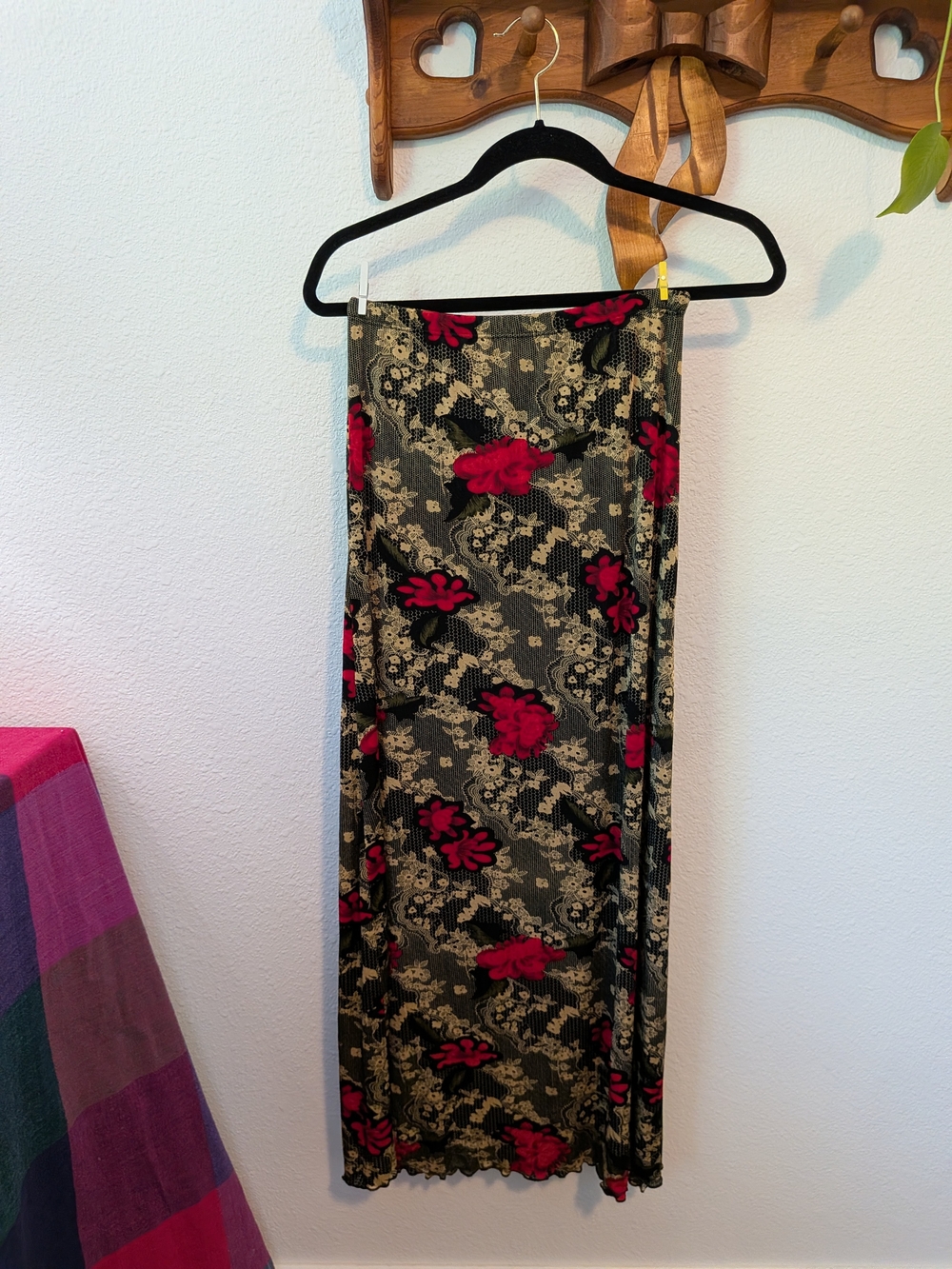 Susan Lawrence Black Maxi Skirt with Red Floral Lace Pattern